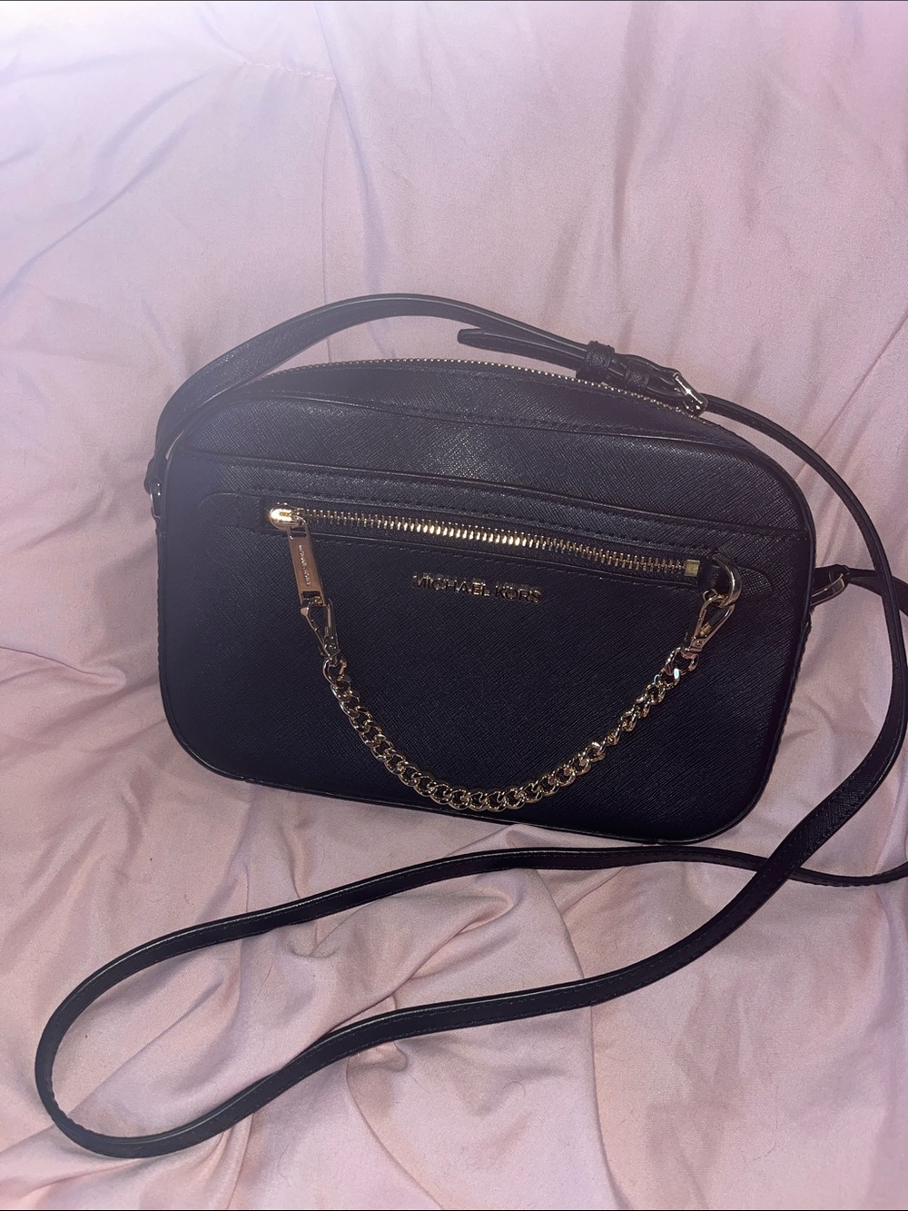 Michael Kors Black Saffiano Leather Crossbody with Gold Chain Detail